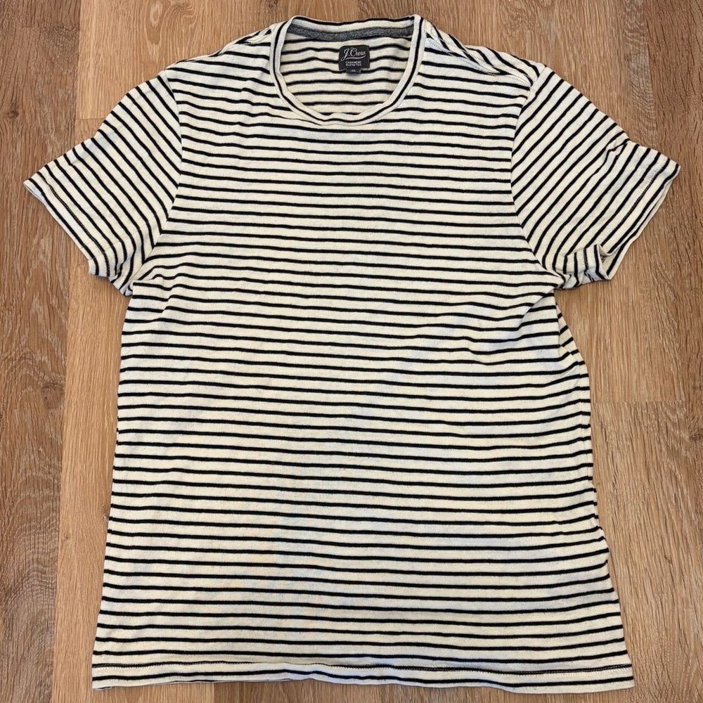J Crew Cashmere Blend T Shirt Medium White Black Stripped Quiet Luxury Natural
